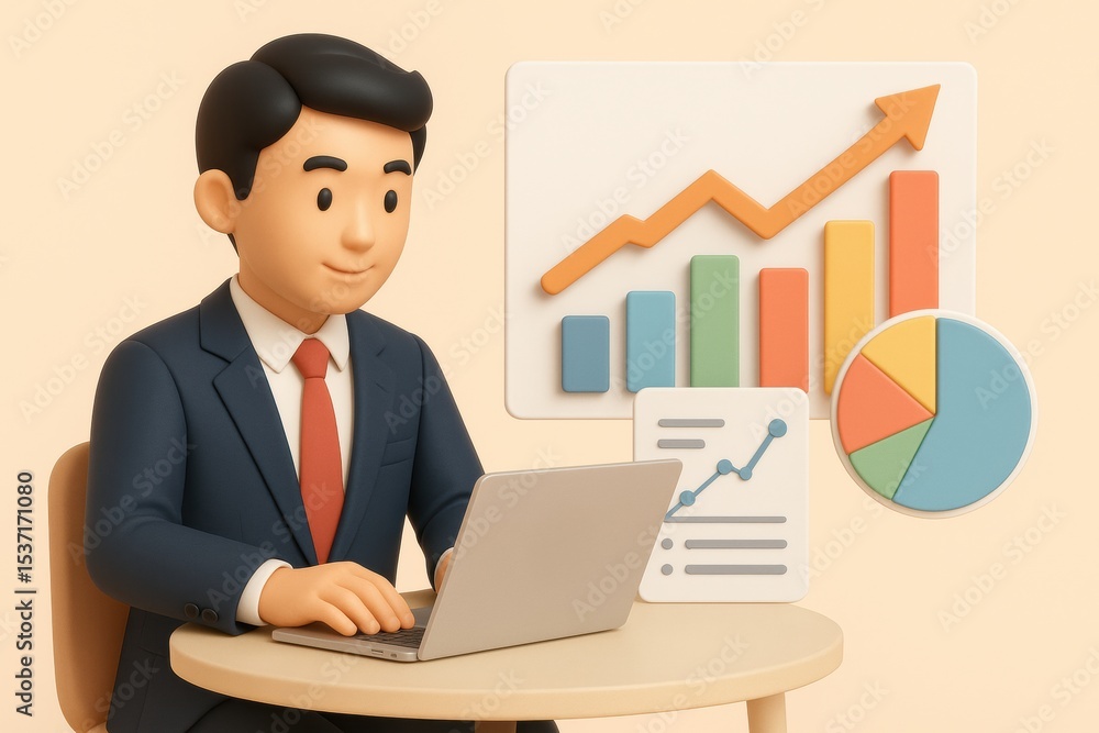 Businessman working on laptop with charts and graphs showing growth Businessman working on laptop with charts and graphs showing growth
