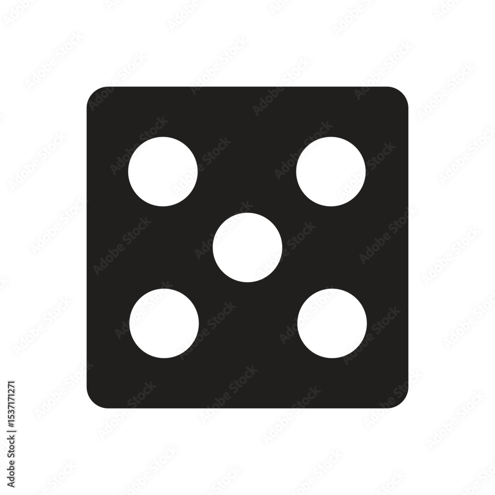 A clear and simple black die displaying the number five with distinct white pips, ideal for gaming or numerical concepts A clear and simple black die displaying the number five with distinct white pips, ideal for gaming or numerical concepts