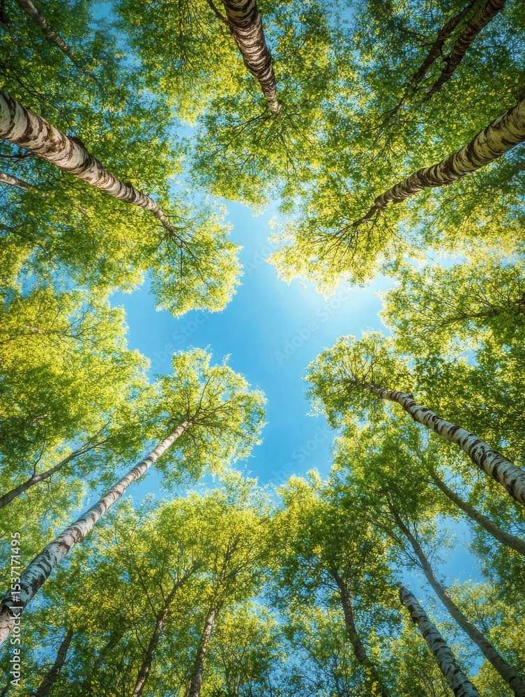Fototapeta premium Sunlit forest canopy with tall trees and clear blue sky