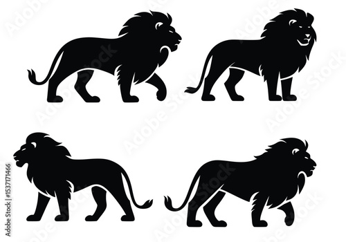 Black vector silhouettes of lions and other wild and farm animals in a collection set