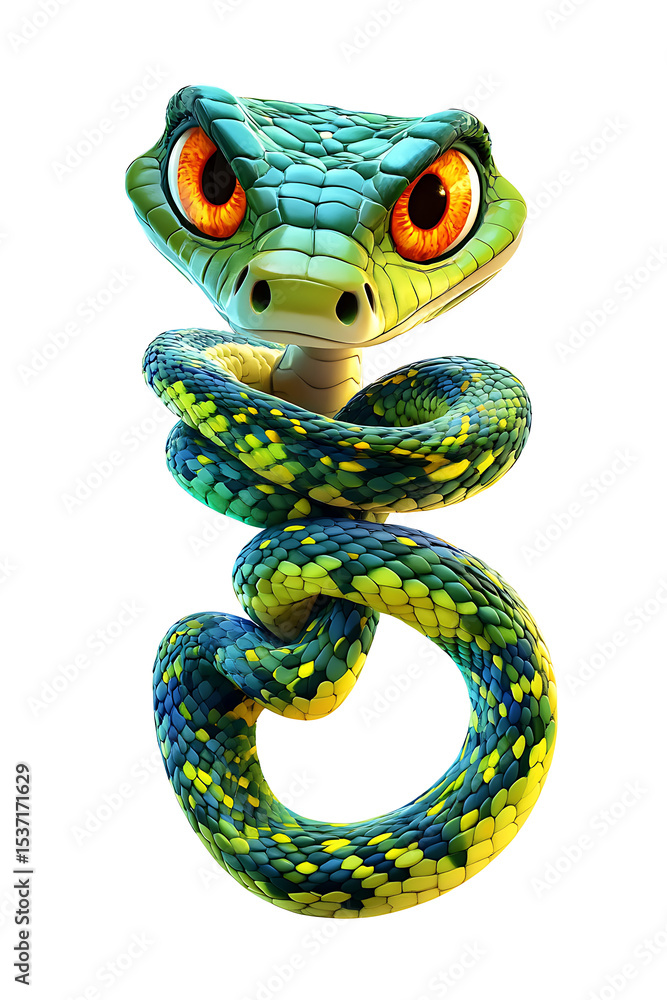 Fototapeta premium Colorful cartoon snake character with vibrant scales and expressive eyes, coiled and animated