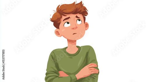 A digital illustration depicting a young boy with short, light brown hair. He is looking upward with a pensive expression. His arms are crossed in front of his chest. He is wearing a simple,