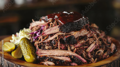Close-up of pulled smoked pork piled onto a wooden plate, topped with BBQ sauce and served with pickles and slab