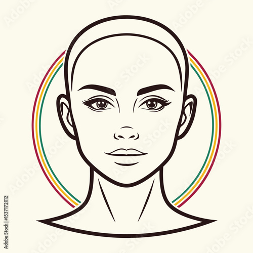 Line Art Portrait of a Woman with Brown Eyes and Bald Head Surrounded by Multicolored Arcs