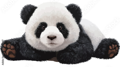 Close-up studio shot of a plush panda toy lying on a white background. The toy is predominantly black and white, with detailed features including black ears, eyes, and patches around the eyes