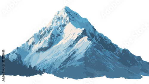 The image showcases a stylized illustration of a snow-capped mountain peak. The mountain is rendered primarily in shades of blue and white, with the snow appearing as textured white patches on the