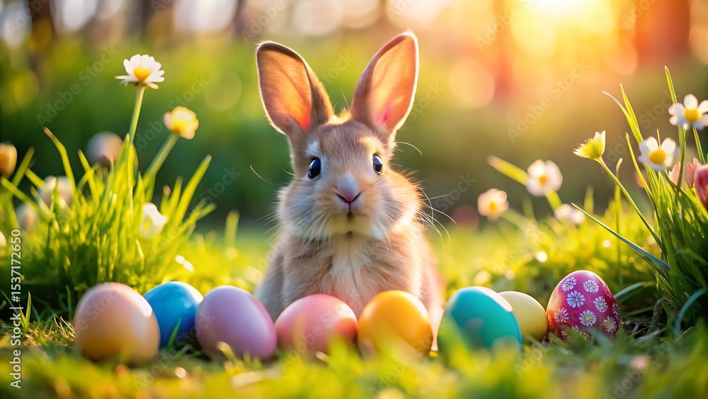 Fototapeta premium A cute brown bunny sits in the grass surrounded by colorful easter eggs and spring flowers