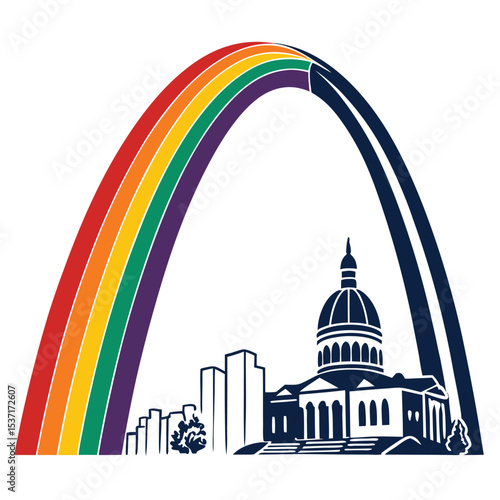 Rainbow Arch Gateway Over St Louis Cityscape Featuring Missouri State Capitol Building