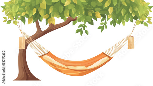 A digital illustration depicts an orange hammock hanging from the branches of a tree with green leaves against a white background. The hammock is depicted with visible texture and folds suggesting