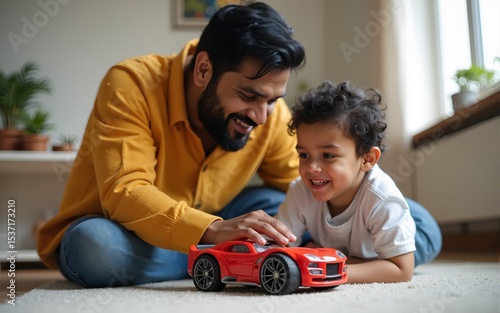 Indian Father and Son Bonding - Young Indian dad and son sharing a fun moment with a toy car. High quality