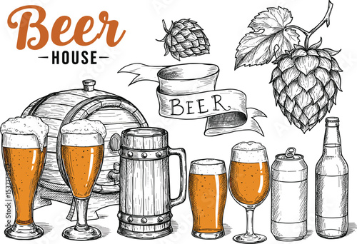 Vintage beer illustration, hand drawn beer glasses, mugs, wooden keg, hops plant, craft brewery concept, beer banner, beer can, foam glass, rustic bar art