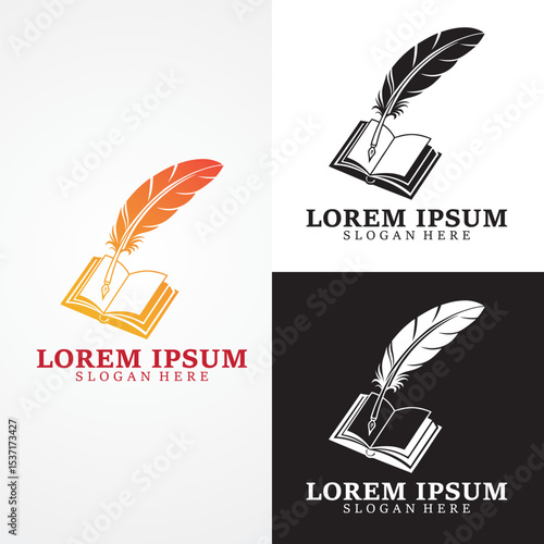 Feather Pen Book Logo – Vintage Writing and Publishing Icon