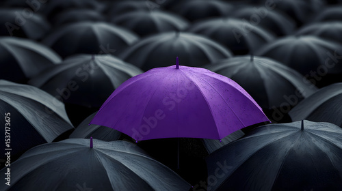 Single purple umbrella stands out among numerous black umbrellas