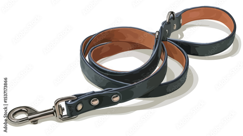 Obraz premium High-angle, close-up studio shot of a dark-blue leather dog leash and matching collar set. The leash is coiled and laid on a white background. The collar is attached to the leash.