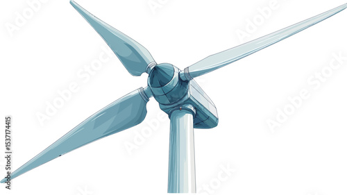 Close-up shot of a wind turbine's three blades. The blades are light blue-grey, appearing smooth and aerodynamic. The central hub and a portion of the supporting tower are also visible. 