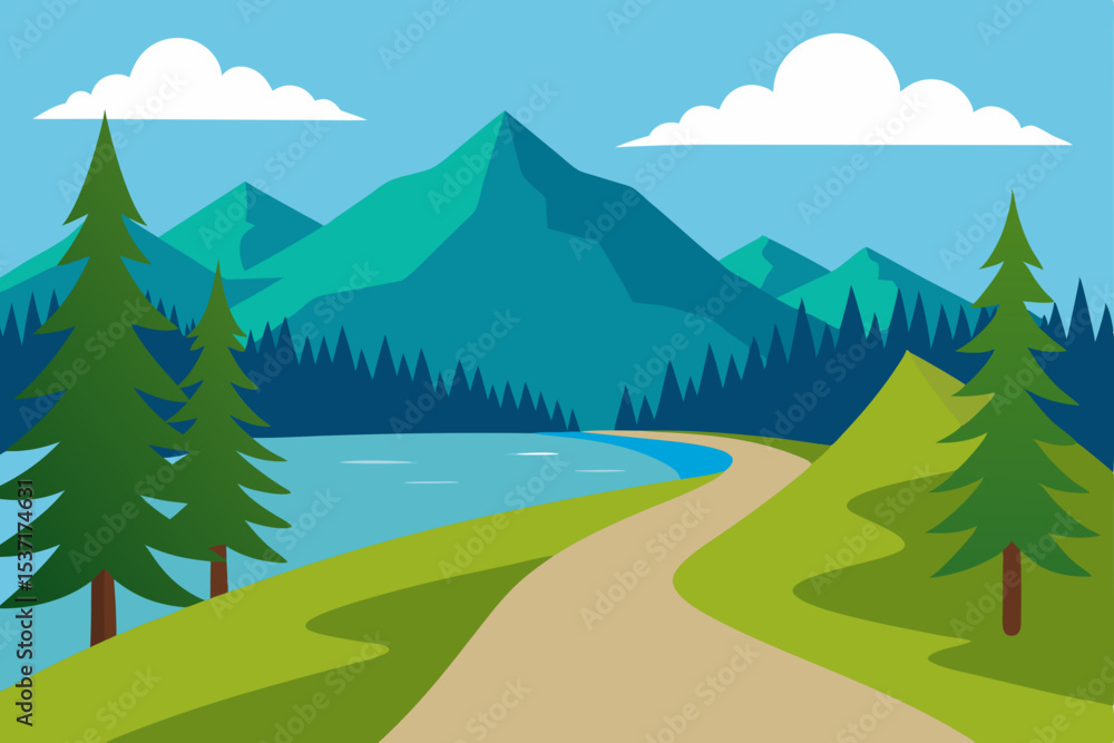Fototapeta premium Serene Mountain Lake Path A Picturesque Landscape Illustration
