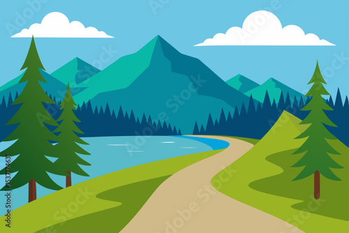 Serene Mountain Lake Path A Picturesque Landscape Illustration