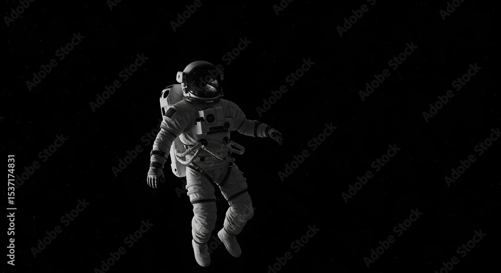 Fototapeta premium Astronaut drifting in the black void of space, monochrome style