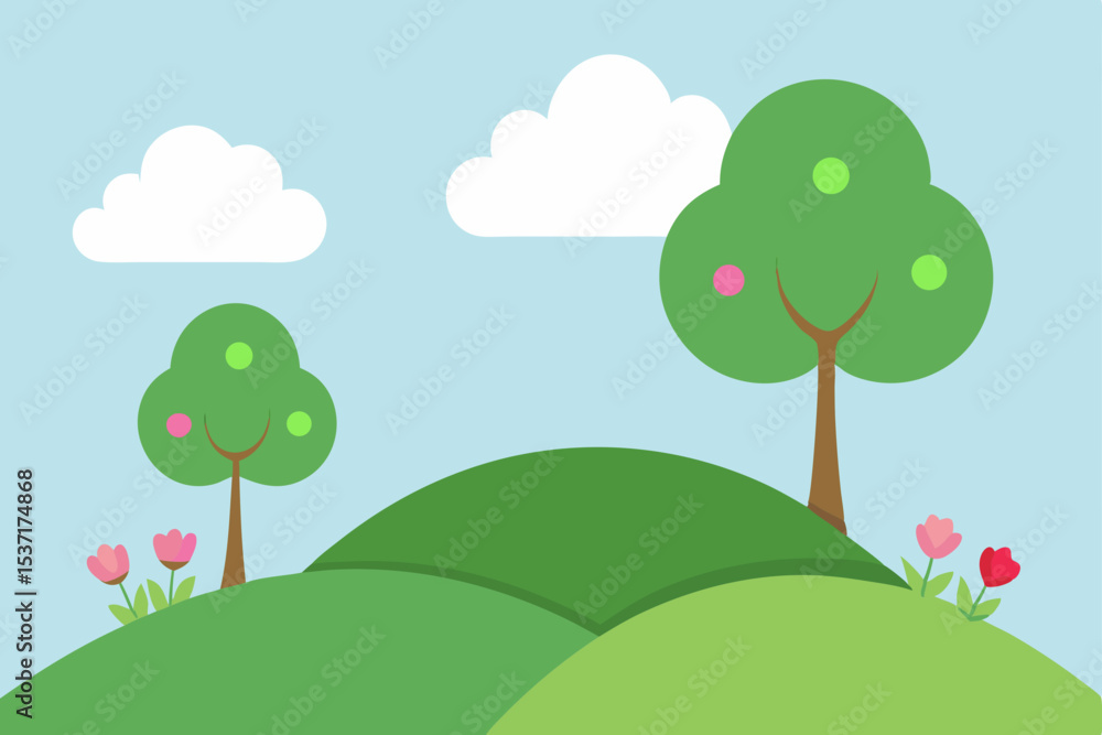 Fototapeta premium Seasonal vector landscapes with trees, flowers, and meadows under a bright sky