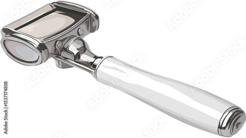 Close-up studio shot of a handheld bidet sprayer. The sprayer features a chrome metal body and a white porcelain handle.  The image shows the sprayer at a slight angle, highlighting its design