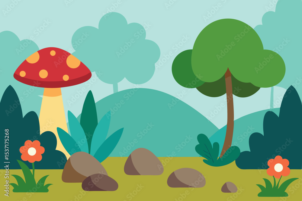 Fototapeta premium Whimsical cartoon forest seamless pattern featuring autumn mushrooms, trees, and grass, perfect for a nature-themed vector illustration