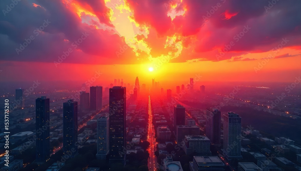 A vibrant sunrise over a cityscape, symbolizing the invigorating and powerful energy needed for career success and ambition , development, work A vibrant sunrise over a cityscape, symbolizing the invigorating and powerful energy needed for career success and ambition , development, work