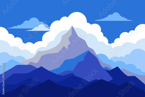 Mountain landscape vector illustration of majestic peaks and hills shrouded in fog and clouds, bathed in the soft light of sunrise or sunset
