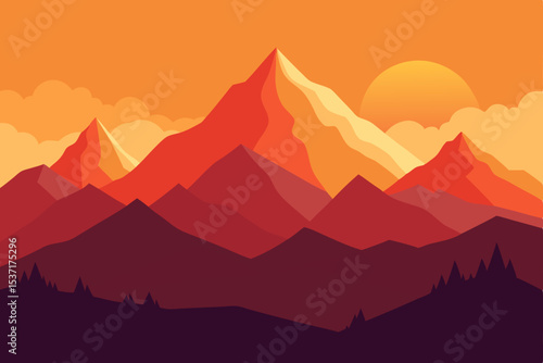 Sunset in mountains landscape with misty peaks and a vibrant sky horizon