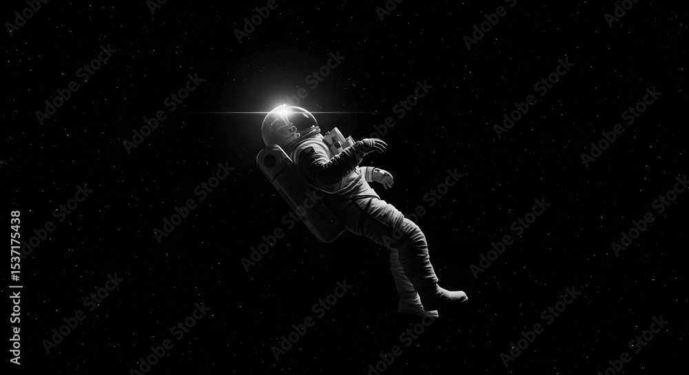 Fototapeta premium Astronaut adrift in space illuminated with a solitary spotlight against the cosmos