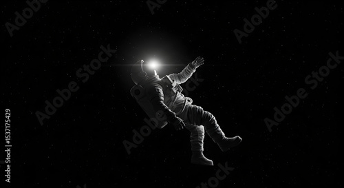 Astronaut drifting in space with a bright light in a captivating monochrome scenery