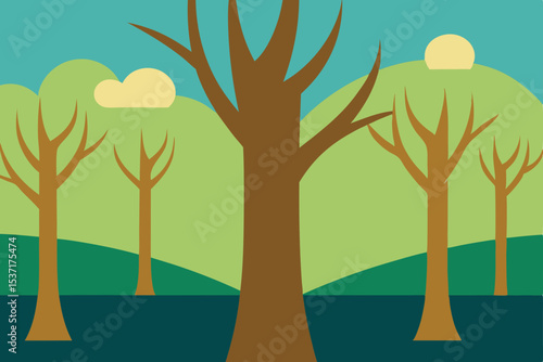 Vector illustration of a vibrant tree in a park with green grass, blue sky, and white clouds, depicting the beauty of nature and the changing seasons