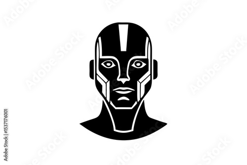 Half-Robotic Human Face Vector Art - Futuristic Cyborg Portrait on White Background
