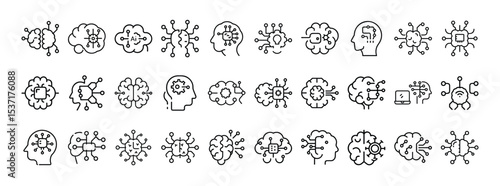 Collection of Brain, Mind, and Artificial Intelligence Network Icons – Cognitive Process and Technology Connection Set