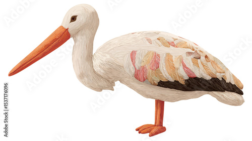 A digital image depicting a plush toy in the form of a white pelican. The toy is predominantly white with subtle variations in cream and beige tones suggesting texture and shading. 