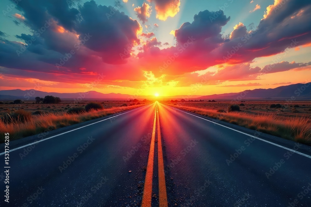Endless highway stretching towards a vibrant sunset, creating a sense of freedom and adventure on an open road journey , journey, wanderlust, scenic Endless highway stretching towards a vibrant sunset, creating a sense of freedom and adventure on an open road journey , journey, wanderlust, scenic