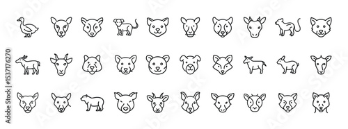 Collection of Farm Animal Faces and Livestock Icons – Ducks, Goats, Cows, Dogs, Pigs, and Sheep Illustrations Set