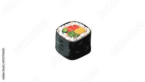 A digital illustration depicts a single piece of sushi roll against a plain white background. The sushi roll is square-shaped, showing a cross-section view. The outer layer is dark seaweed (nori)