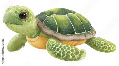 Close-up shot of a plush sea turtle toy. The toy is predominantly green with a yellow underbelly.  The texture appears soft and plush. The turtle is depicted in a three-quarter view, showcasing its