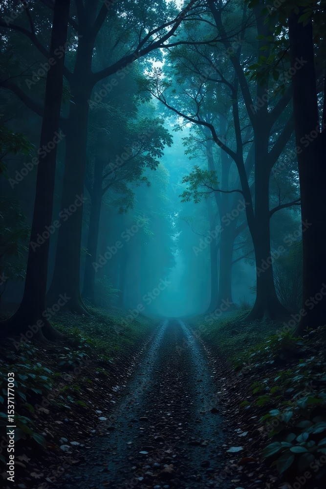 Fototapeta premium Dark, brooding forest scene at night Deep shadows obscure the path, thick trees loom, creating a mysterious and ominous atmosphere Perfect for fantasy or horror themes , black, branches, ominous