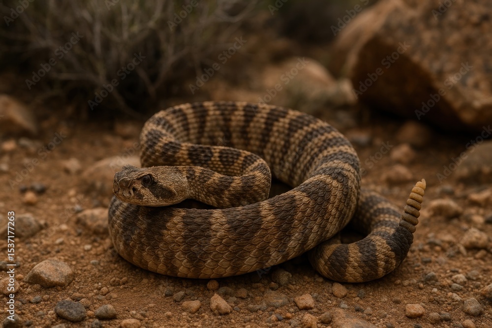 Obraz premium Coiled rattlesnake on rocky terrain.
