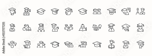 Set of Graduation and Education Line Icons Collection – Academic Caps, Diplomas, and Students