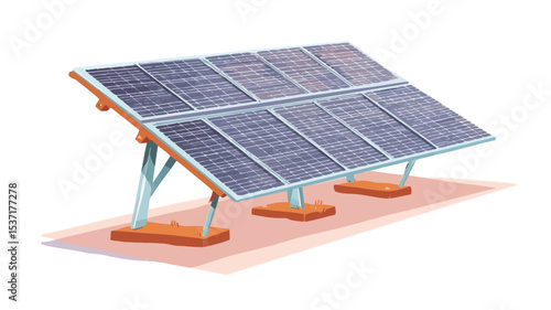 A digital illustration of a solar panel array mounted on a ground structure. The array consists of multiple rectangular solar panels arranged in rows.  The panels are dark blue/black with visible