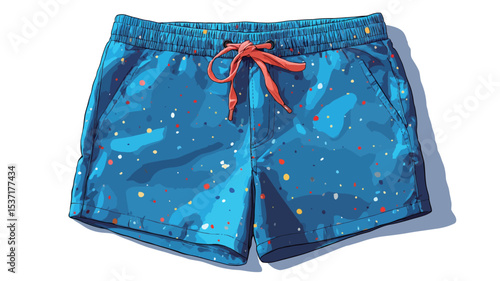 A high-angle, full shot of a pair of blue men's swim shorts. The shorts feature a vibrant, scattered print of various small, colorful shapes on a bright blue background. 