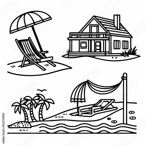  Beachfront Villa Icons. Outline icon set of beachfront villas: lounge chair, infinity pool, beach umbrella, sunbed, hammock, villa 