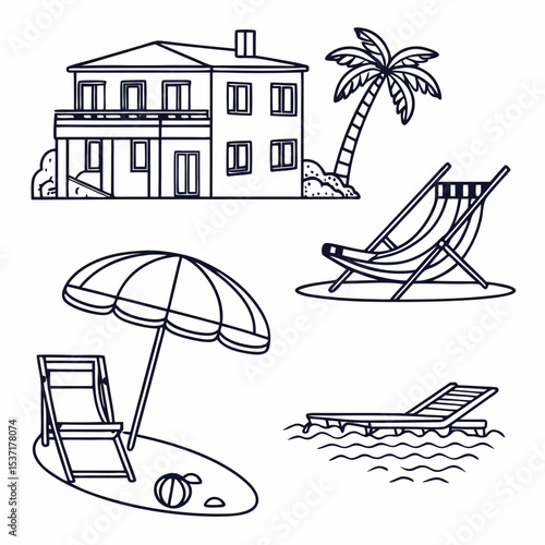  Beachfront Villa Icons. Outline icon set of beachfront villas: lounge chair, infinity pool, beach umbrella, sunbed, hammock, villa 