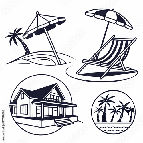  Beachfront Villa Icons. Outline icon set of beachfront villas: lounge chair, infinity pool, beach umbrella, sunbed, hammock, villa 