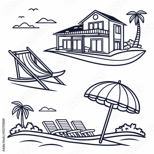  Beachfront Villa Icons. Outline icon set of beachfront villas: lounge chair, infinity pool, beach umbrella, sunbed, hammock, villa 