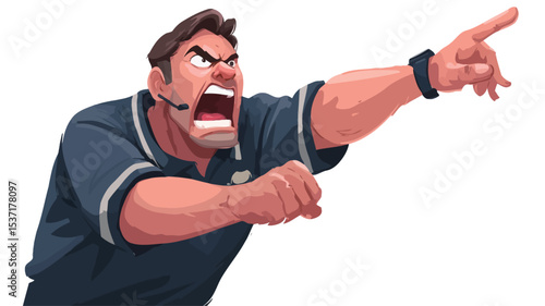 A digital illustration depicts a cartoon of an angry male coach with dark hair. He is wearing a dark blue collared shirt with light-colored stripes on the sleeves. His mouth is open in a yell