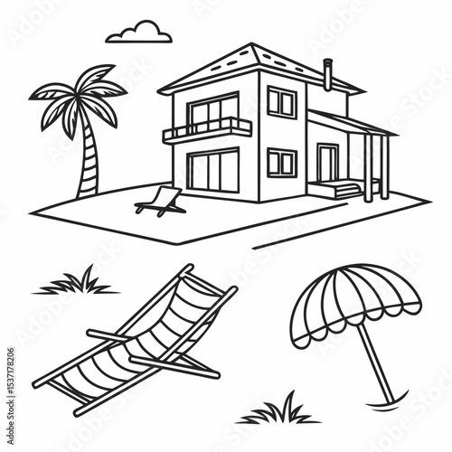  Beachfront Villa Icons. Outline icon set of beachfront villas: lounge chair, infinity pool, beach umbrella, sunbed, hammock, villa 