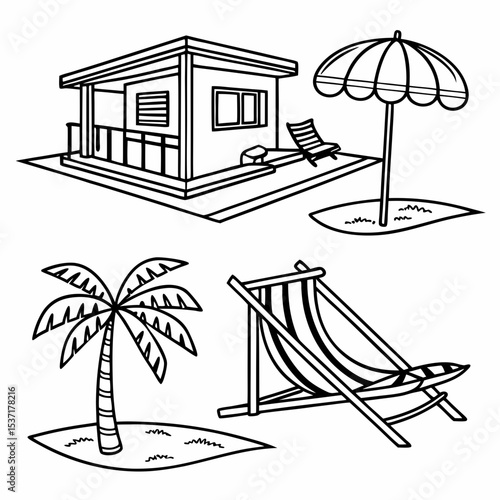  Beachfront Villa Icons. Outline icon set of beachfront villas: lounge chair, infinity pool, beach umbrella, sunbed, hammock, villa 